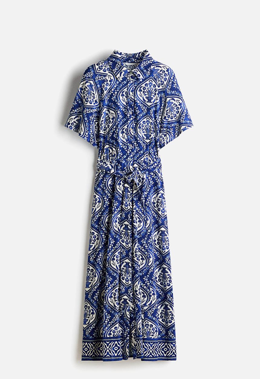 H&M - Tie-belt shirt dress - blue/white patterned