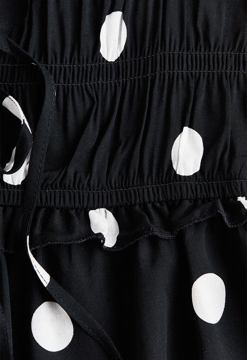 H&M - Tie-detail smocked top - black/spotted