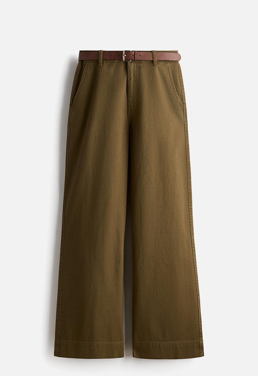 H&M - Wide belted twill trousers - dark khaki green