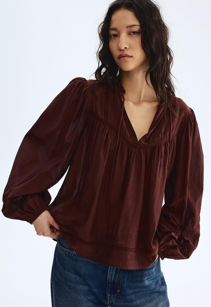 H&M - Lace-inset viscose-blend blouse - dark brown