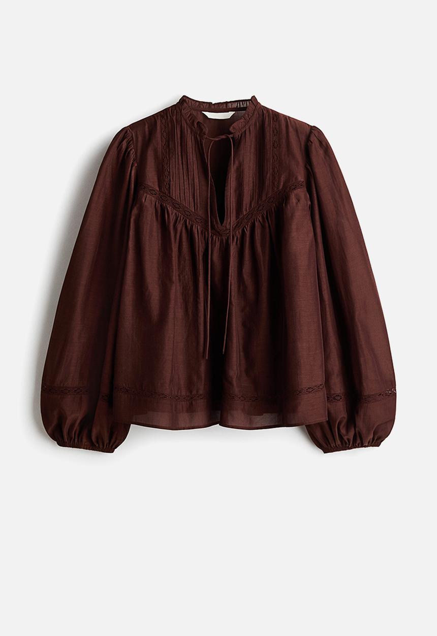 H&M - Lace-inset viscose-blend blouse - dark brown