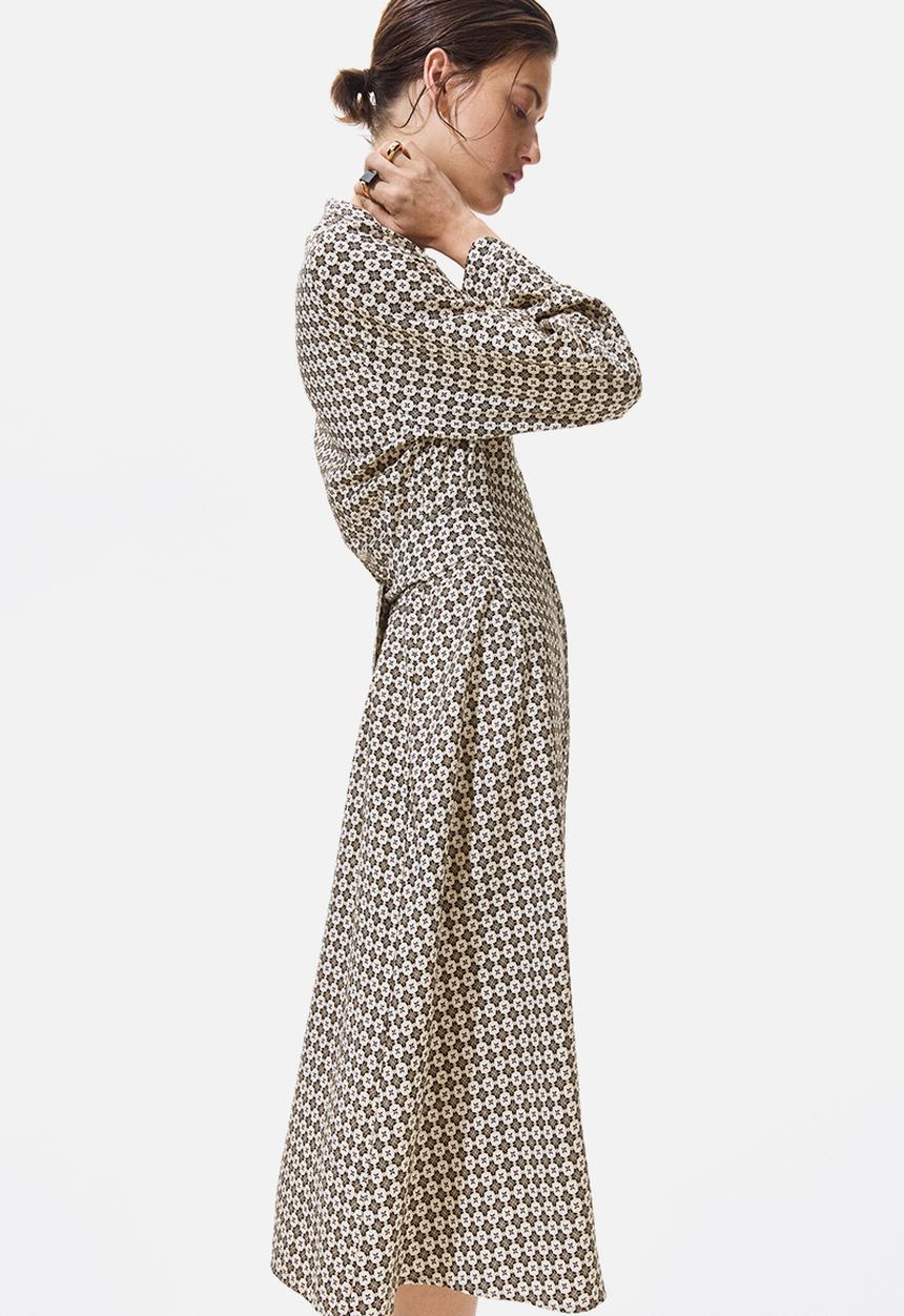 H&M - Tie-belt dress - cream/patterned