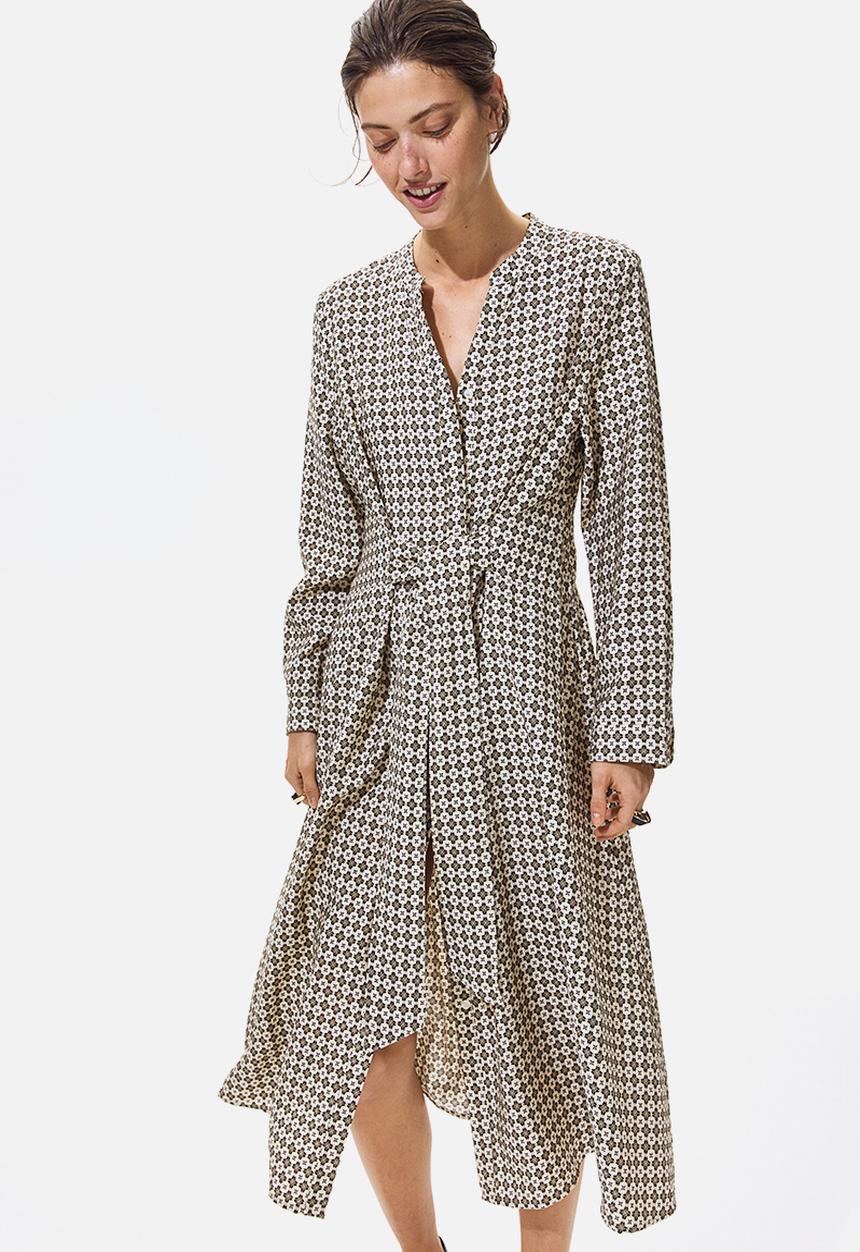 H&M - Tie-belt dress - cream/patterned