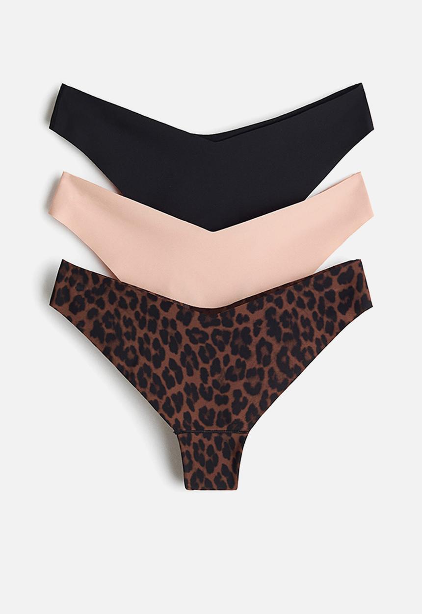H&M - 3-pack invisible thong briefs with lycra® - brown/leopard print