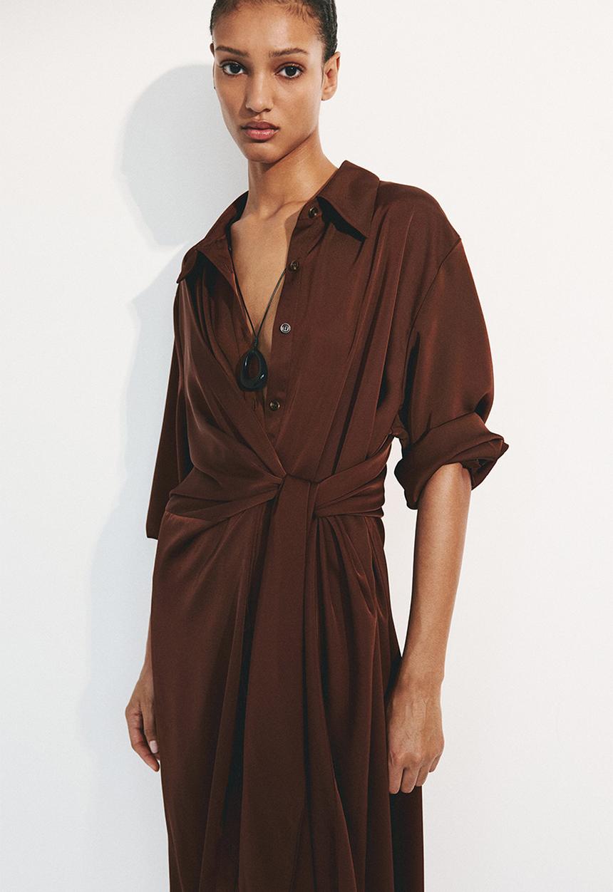 H&M - Tie-detail shirt dress - rust brown