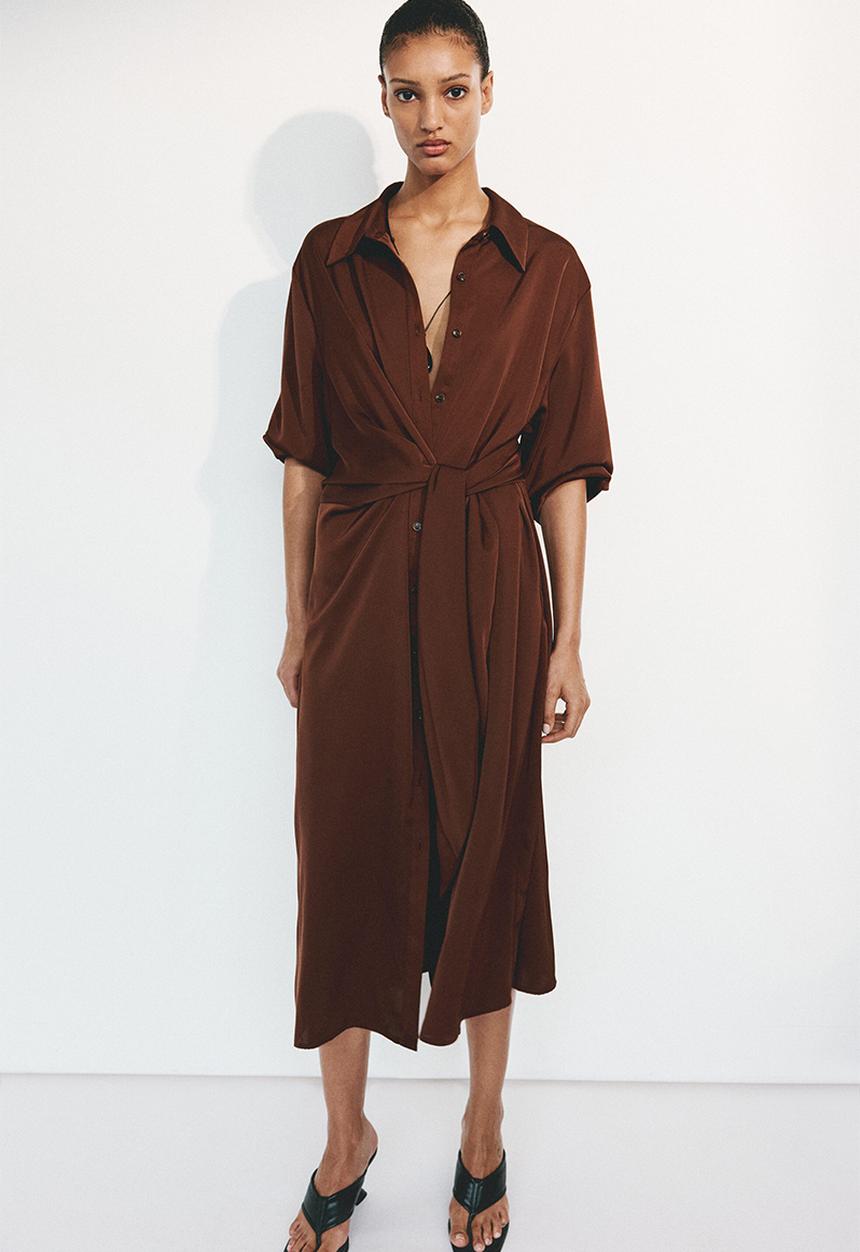 H&M - Tie-detail shirt dress - rust brown