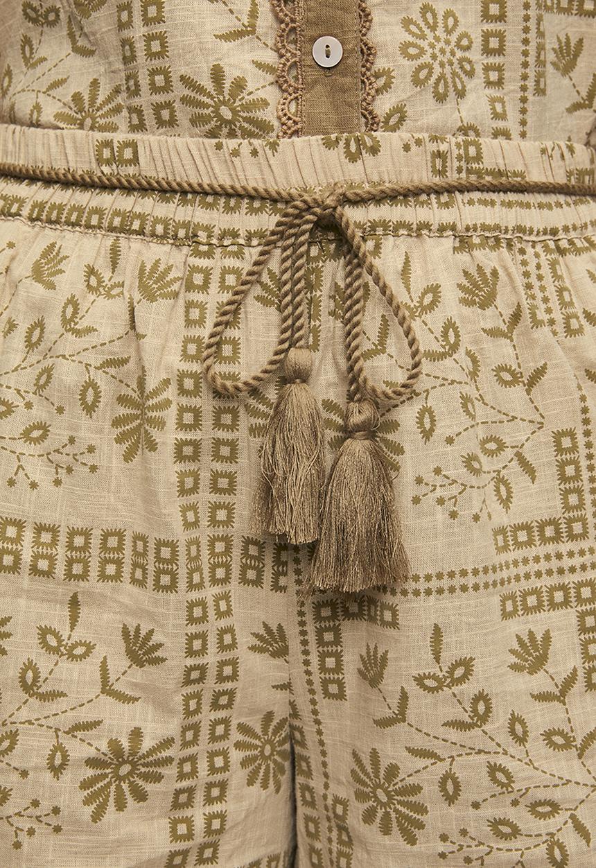 MANDI - Pull On Elasticated Short With Print Detail And Waist Cord - Beige
