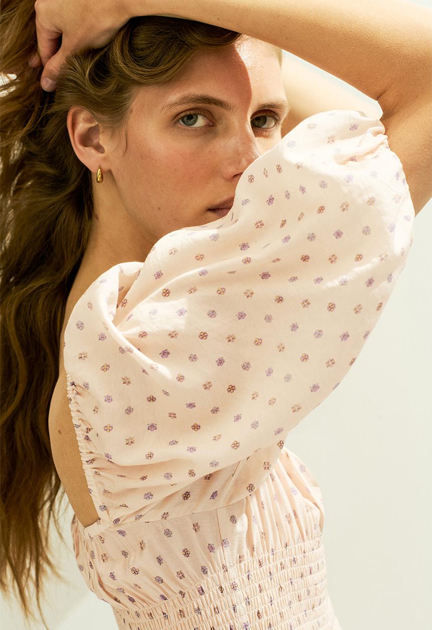 H&M - Smocked-waist dress - light beige/floral
