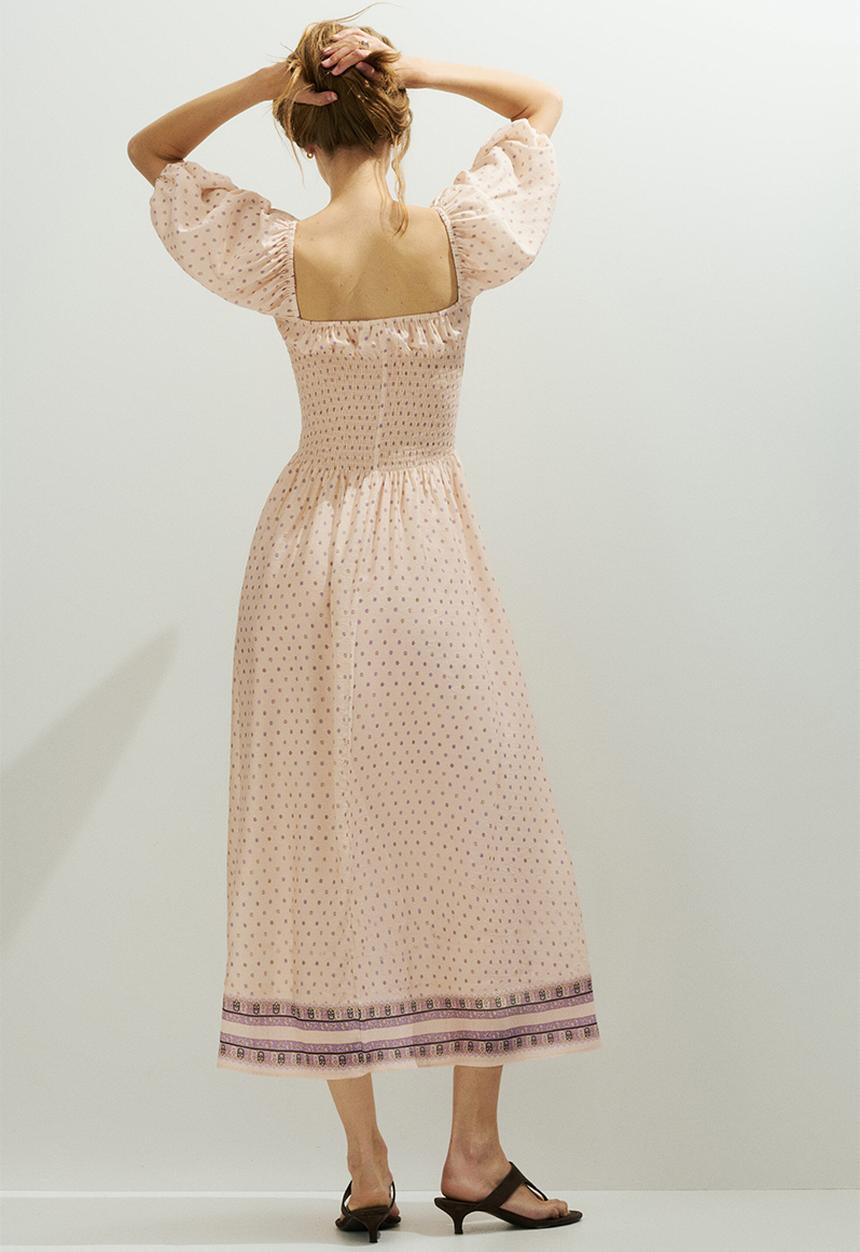 H&M - Smocked-waist dress - light beige/floral