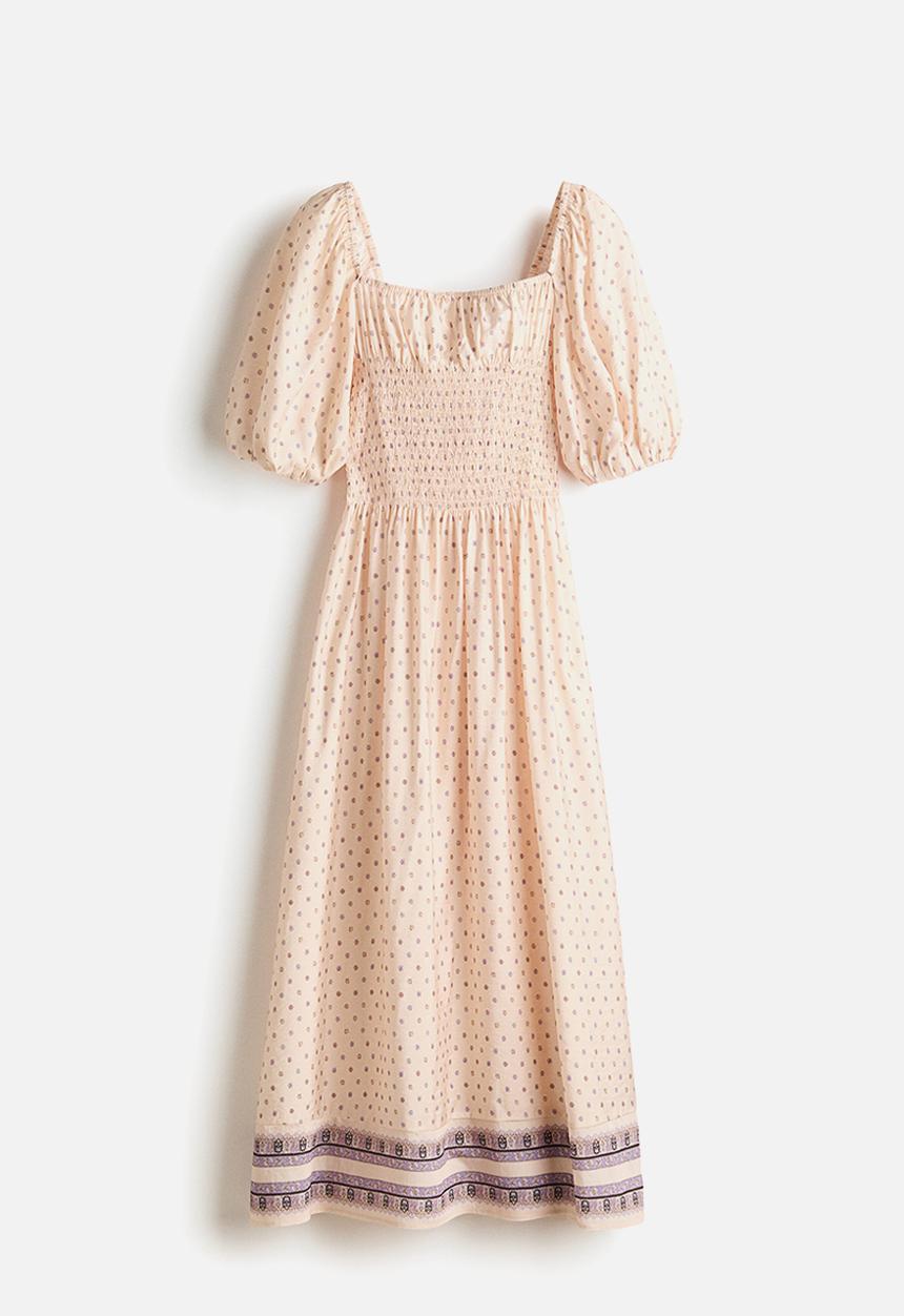 H&M - Smocked-waist dress - light beige/floral
