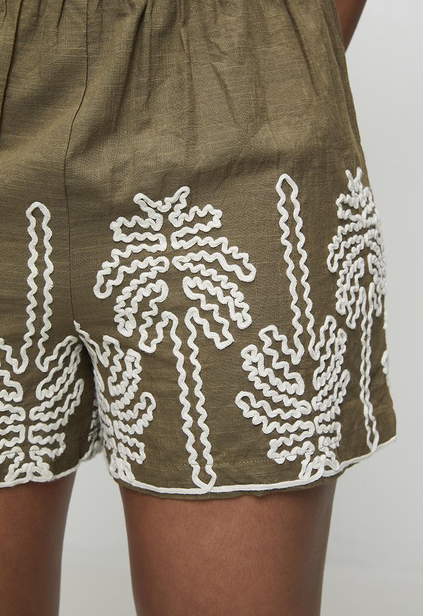 MANDI - Pull On Elasticated Short With Embroidery Detail - Khaki