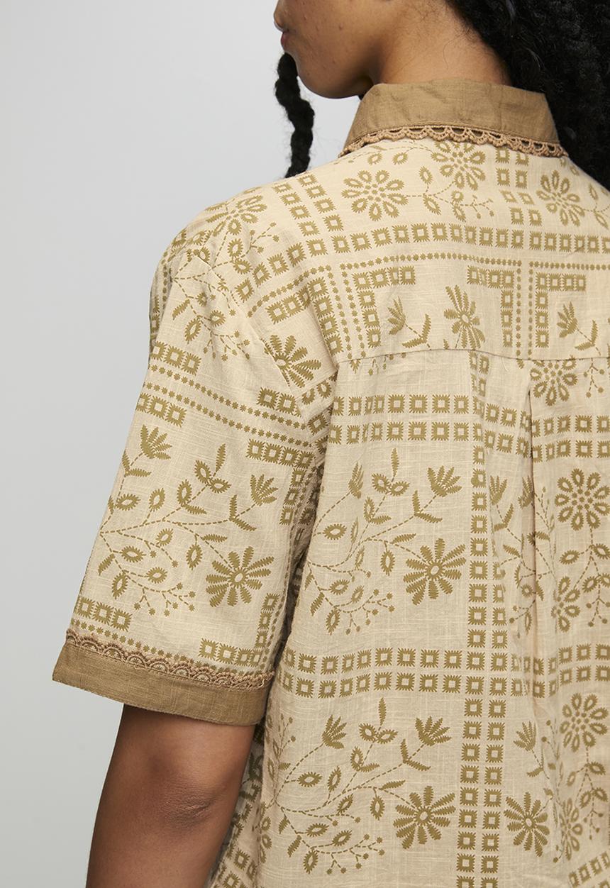 MANDI - Allover Button Through Printed Shirt With Contrast Placket And Sleeve Hem - Beige