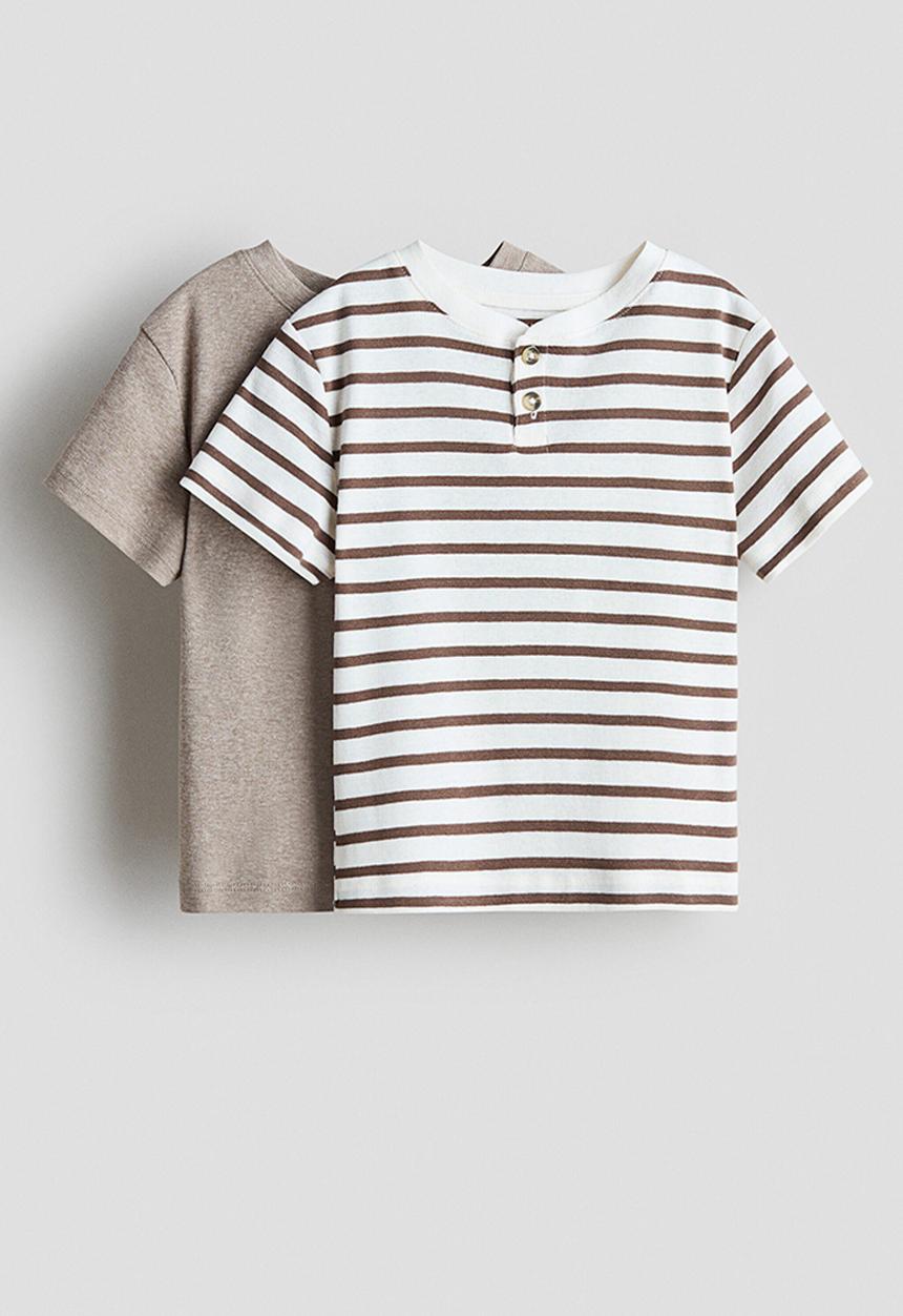 H&M - 2-pack henley t-shirts - greige marl/striped