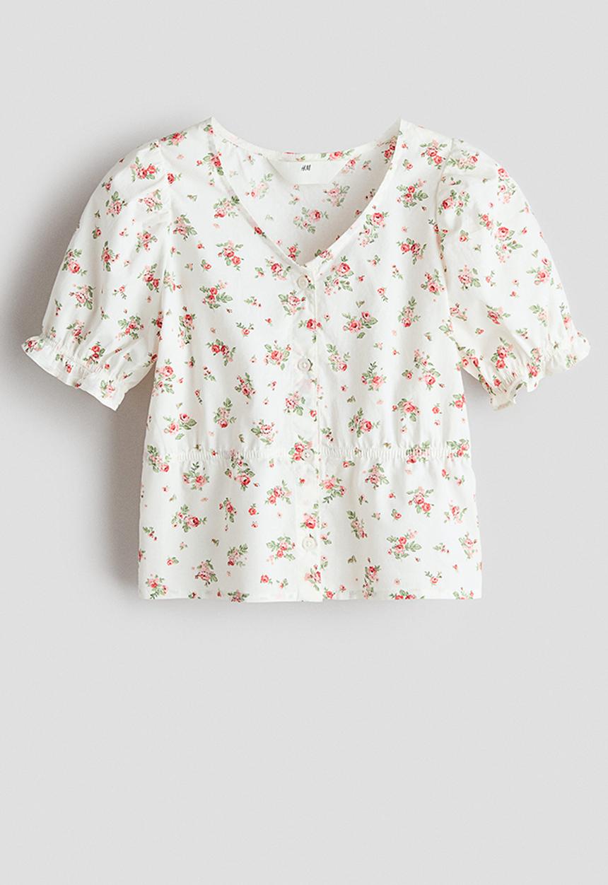 H&M - Puff-sleeved cotton seersucker blouse - cream/floral