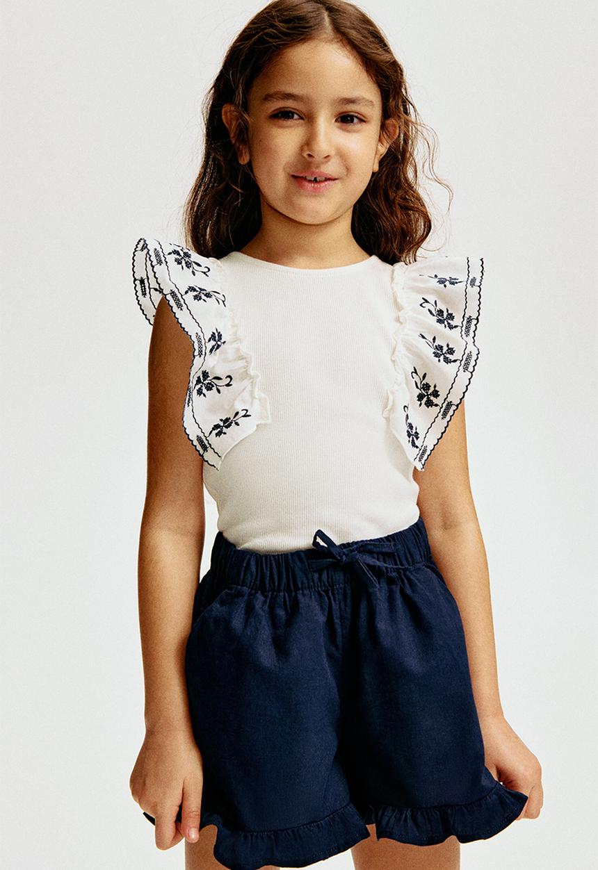 H&M - Frill-trimmed top - white/navy blue