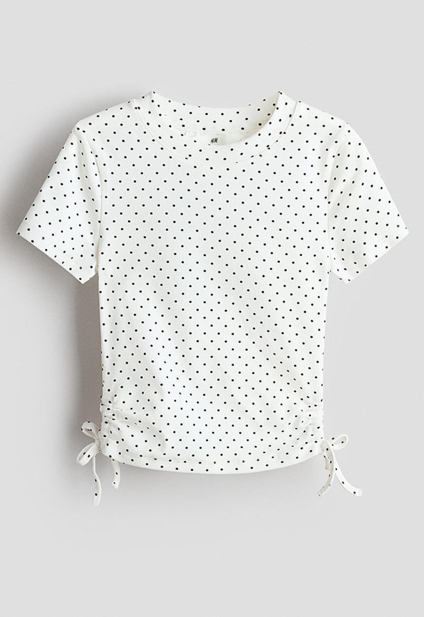 H&M - Drawstring-detail cotton top - cream/spotted