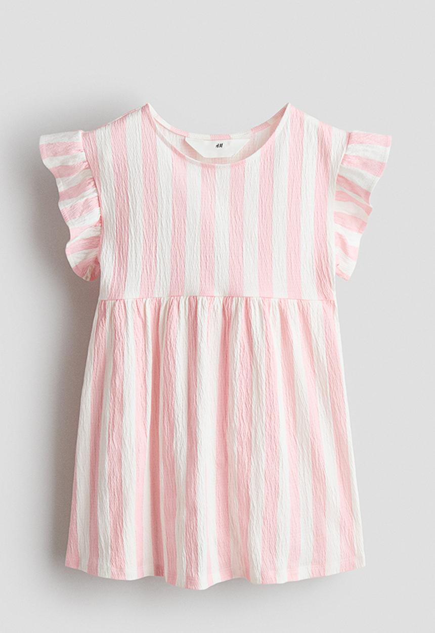 H&M - Flutter-sleeved cotton dress - light pink/striped