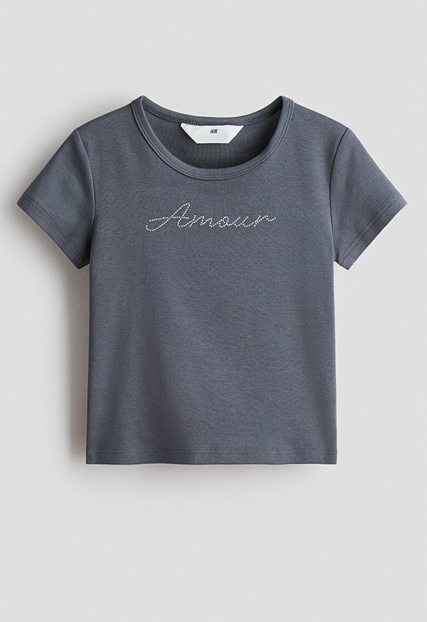 H&M - Embellished-motif t-shirt - dark grey marl/amour