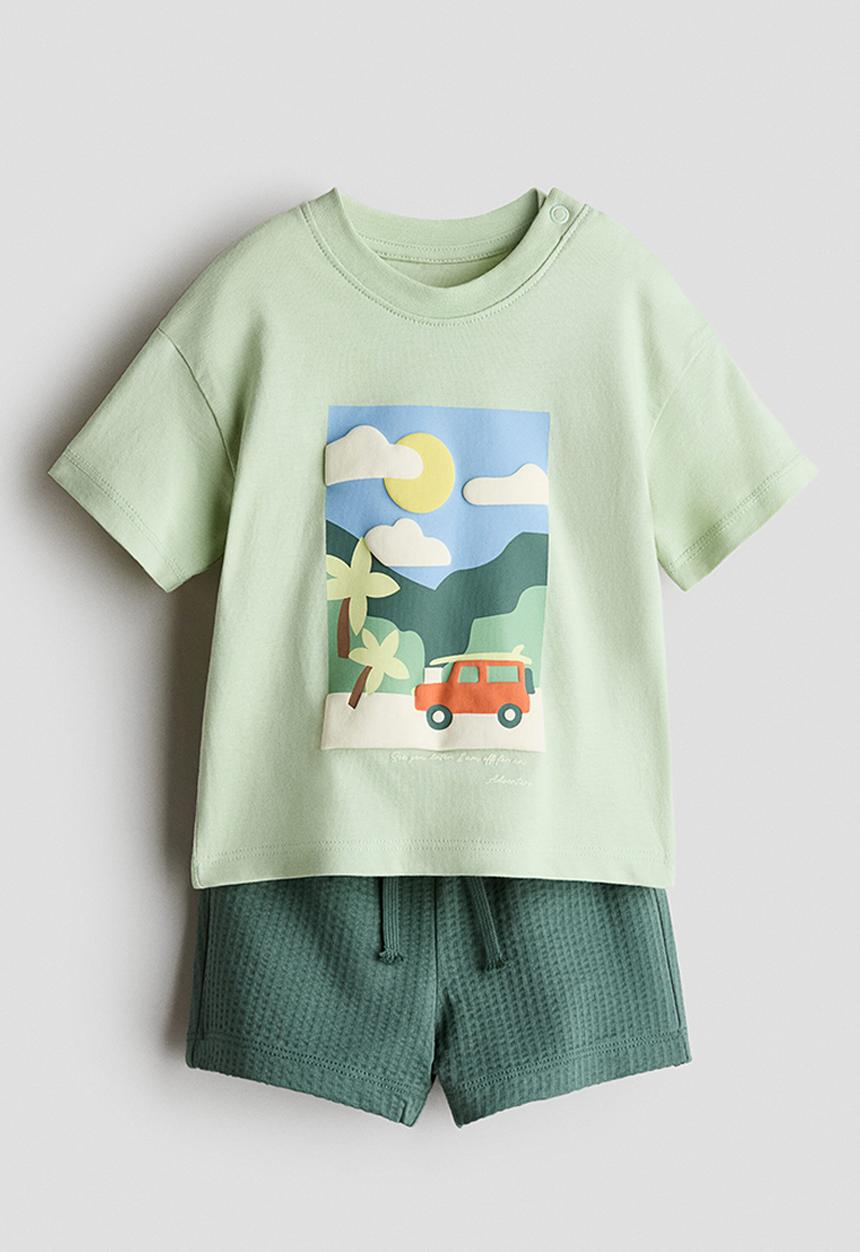 H&M - 2-piece cotton jersey set - light green/car