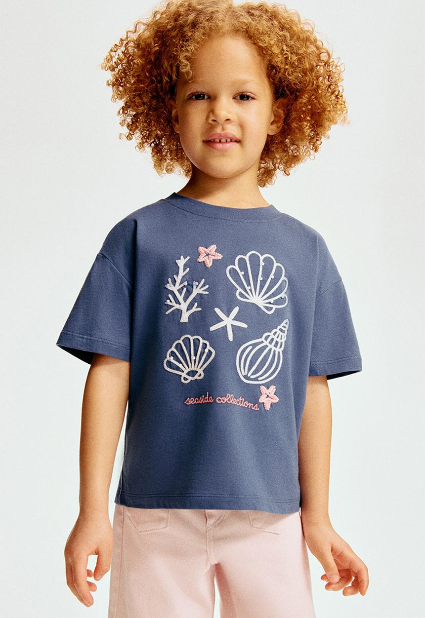 H&M - Embellished t-shirt - dark blue/seashells