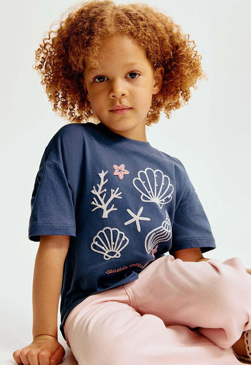 H&M - Embellished t-shirt - dark blue/seashells