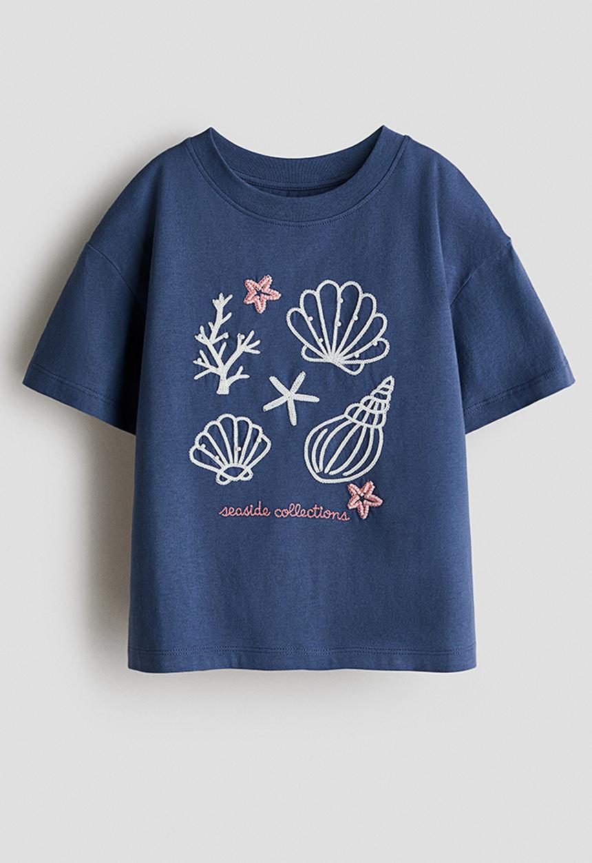 H&M - Embellished t-shirt - dark blue/seashells