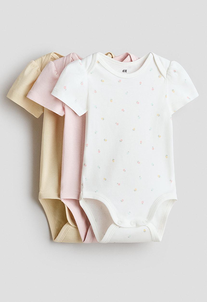 H&M - 3-pack envelope-neck bodysuits - light yellow/light pink