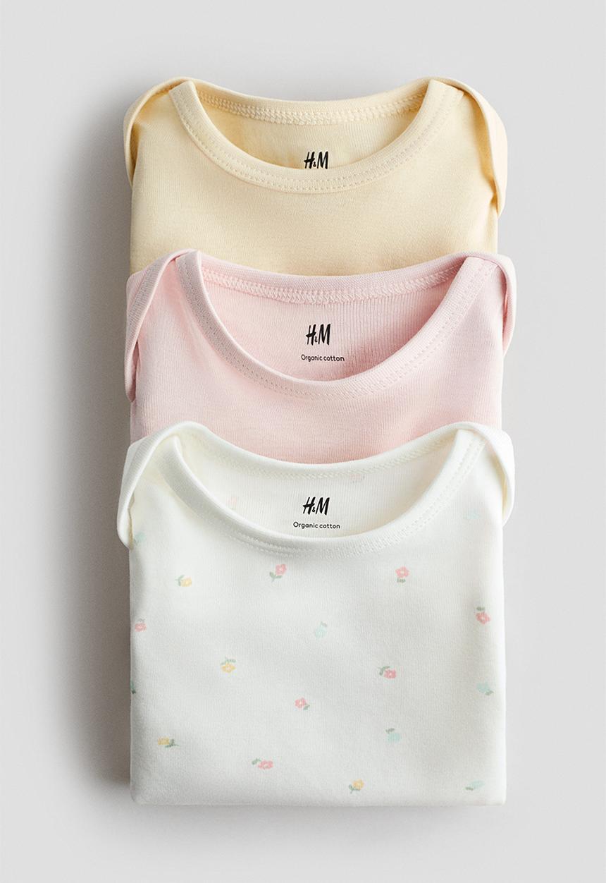 H&M - 3-pack envelope-neck bodysuits - light yellow/light pink