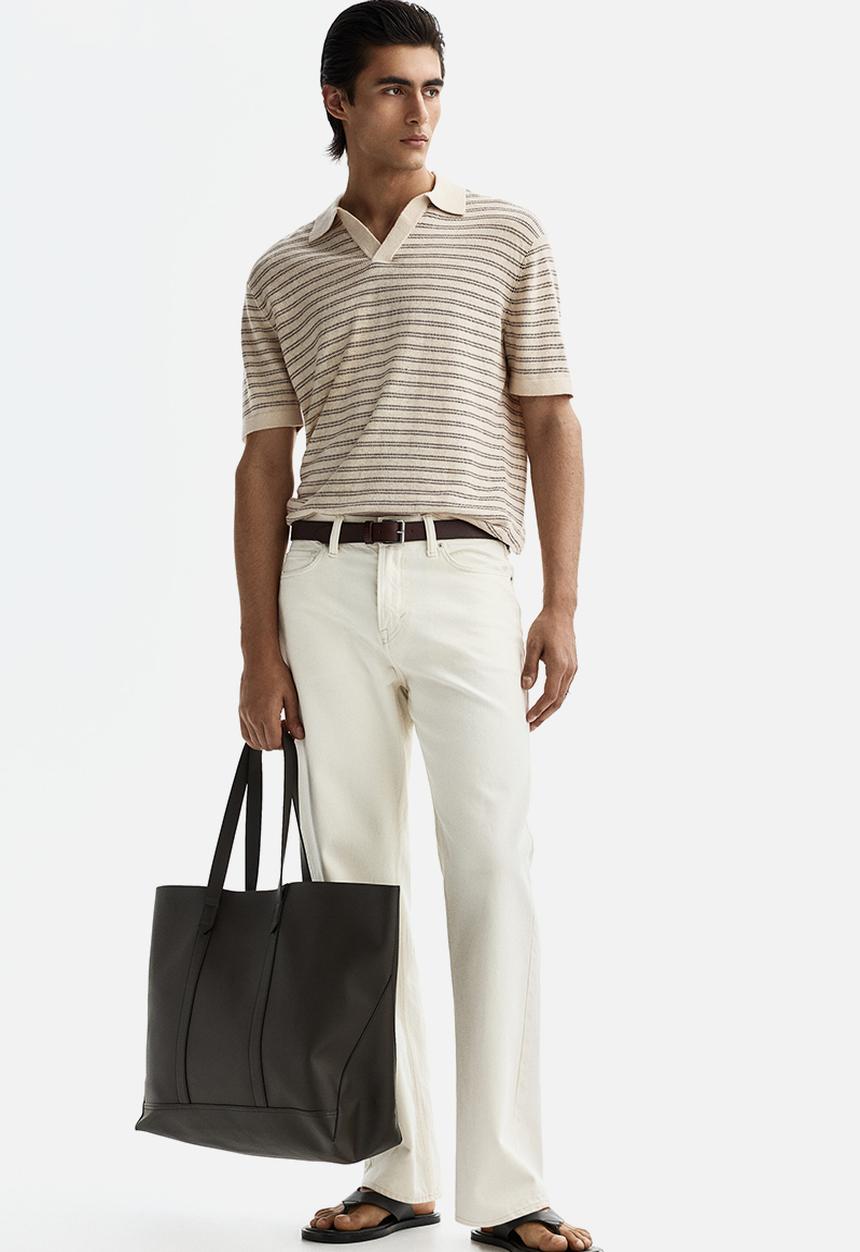 H&M - Regular fit linen-blend polo shirt - beige/striped