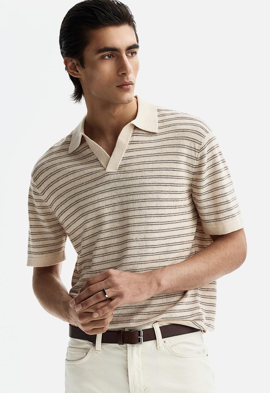 H&M - Regular fit linen-blend polo shirt - beige/striped