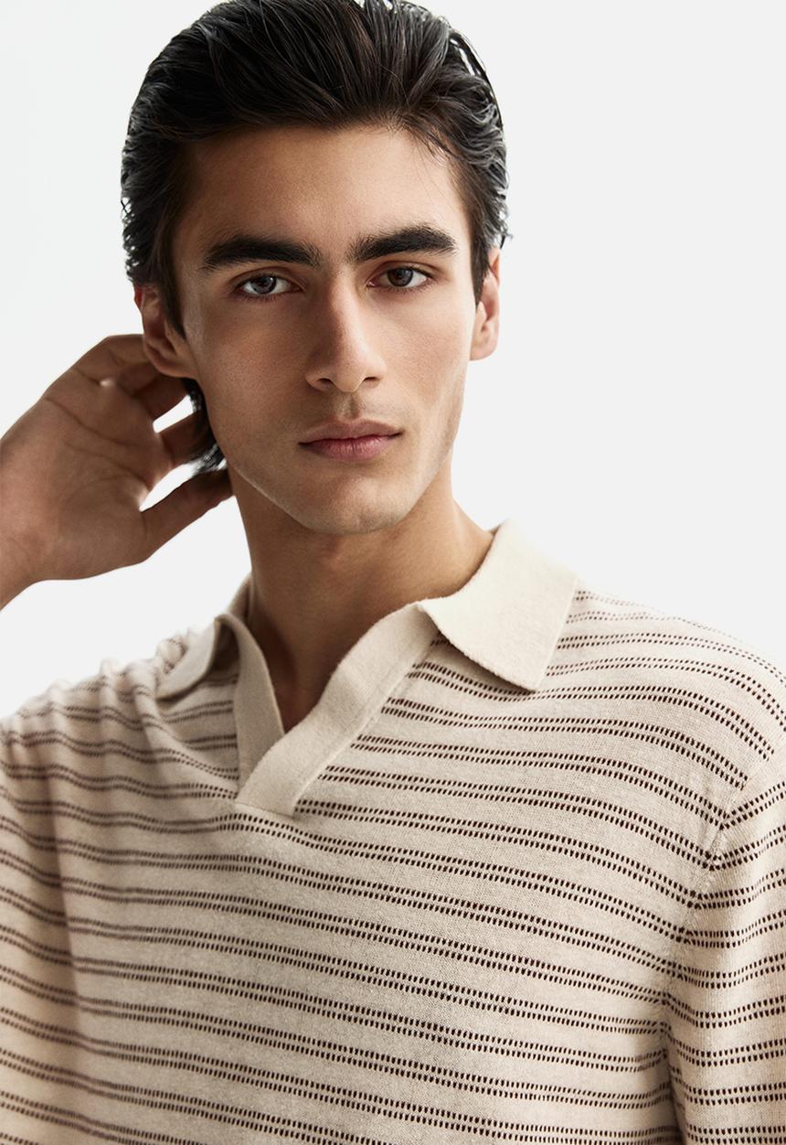 H&M - Regular fit linen-blend polo shirt - beige/striped