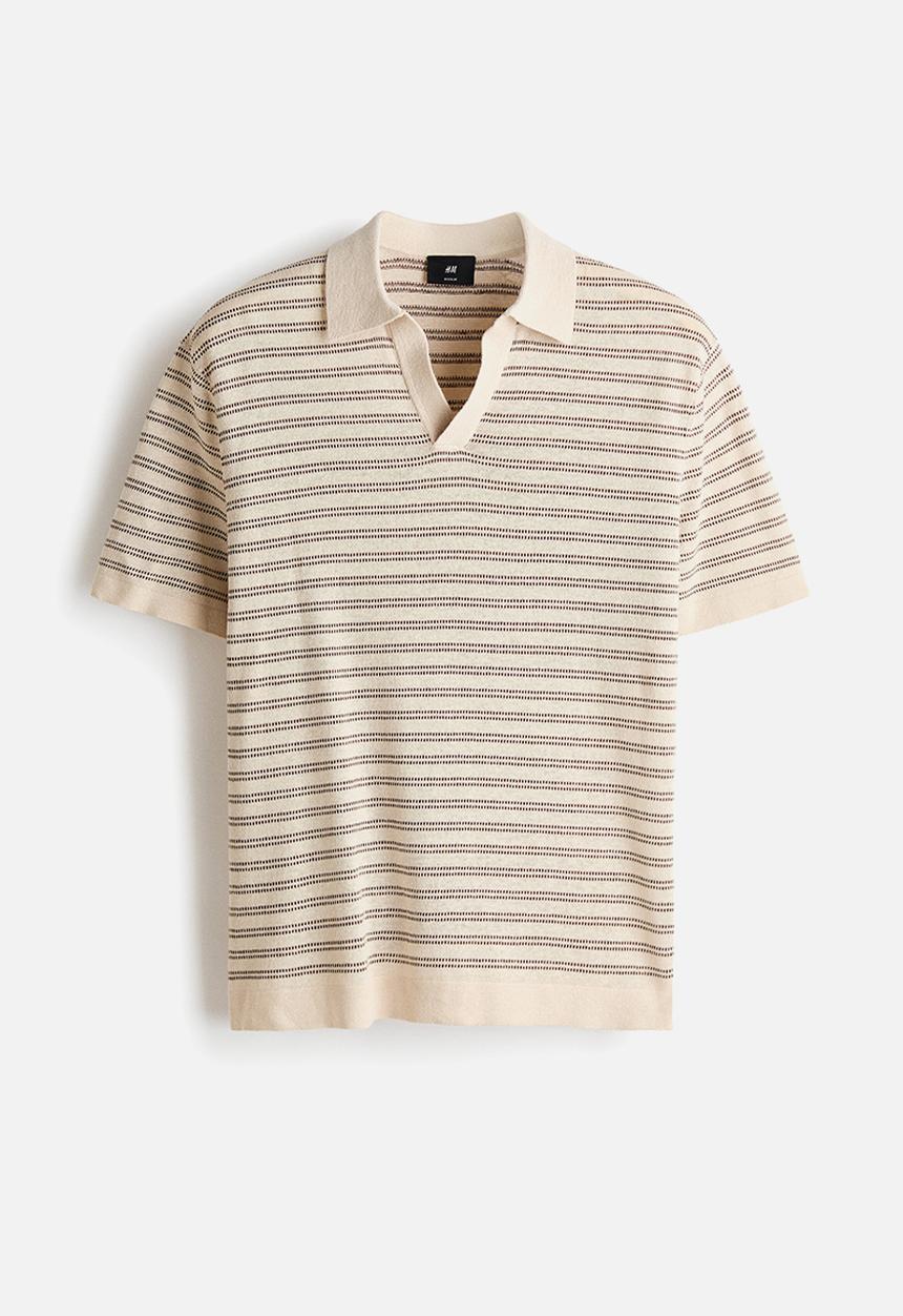 H&M - Regular fit linen-blend polo shirt - beige/striped