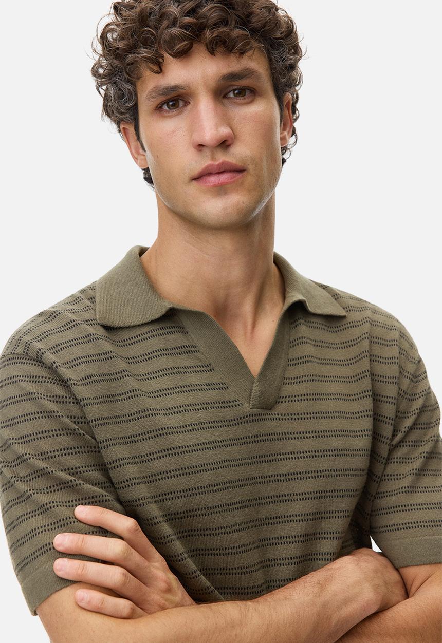 H&M - Regular fit linen-blend polo shirt - dark khaki green/striped