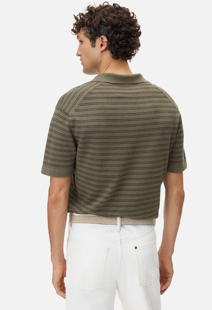 H&M - Regular fit linen-blend polo shirt - dark khaki green/striped