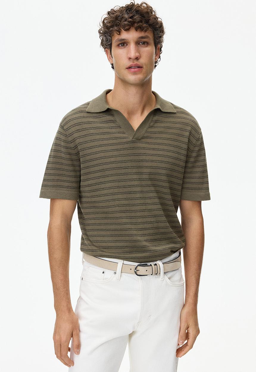 H&M - Regular fit linen-blend polo shirt - dark khaki green/striped
