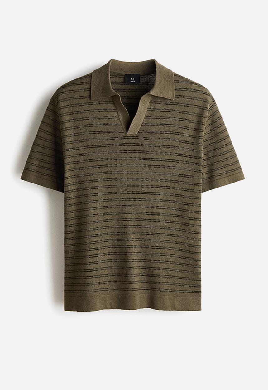 H&M - Regular fit linen-blend polo shirt - dark khaki green/striped