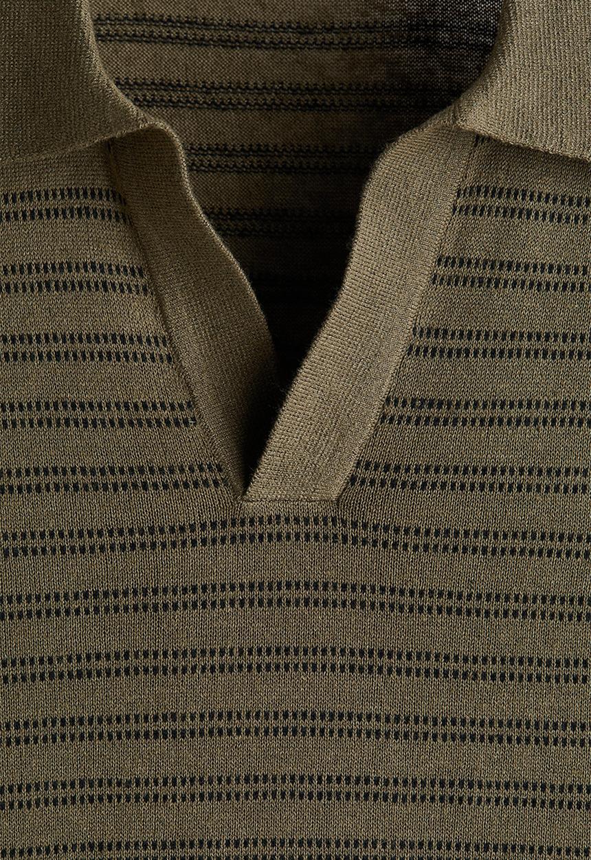 H&M - Regular fit linen-blend polo shirt - dark khaki green/striped