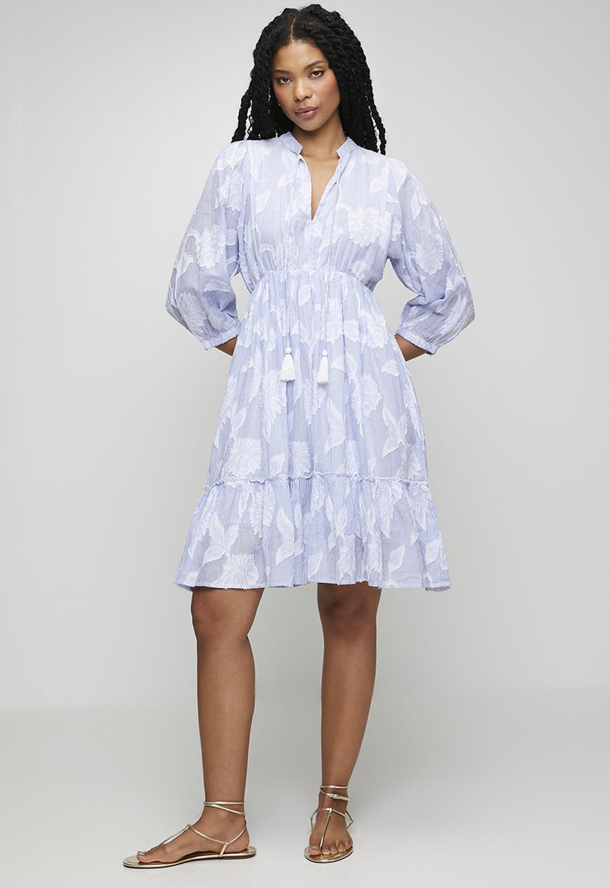Izabel London - 3/3 Sleeve With Elastic Key Hole With Tie Neck Midi Dress - Blue