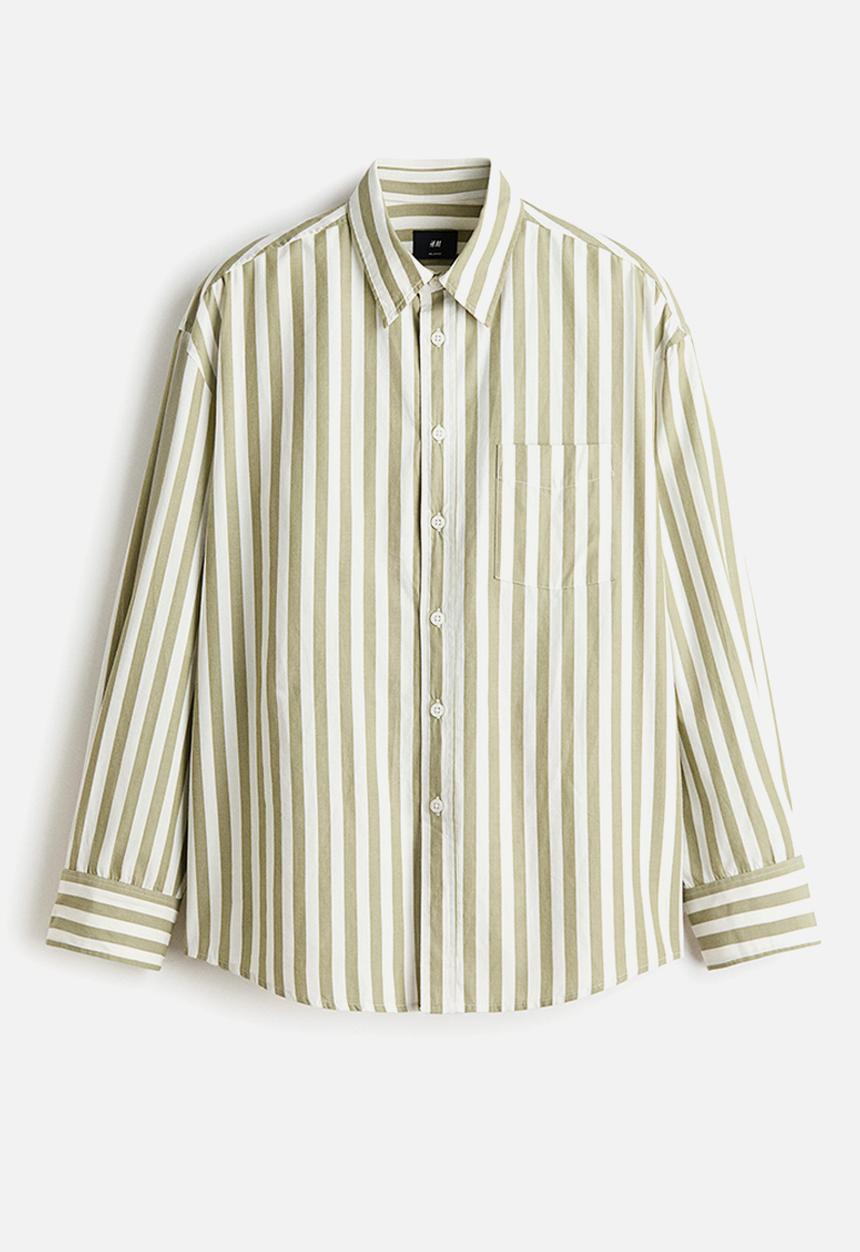 H&M - Relaxed fit poplin shirt - khaki green/striped