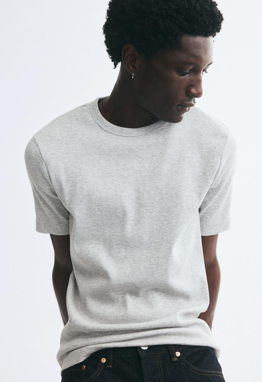 H&M - Slim fit ribbed t-shirt - light grey marl