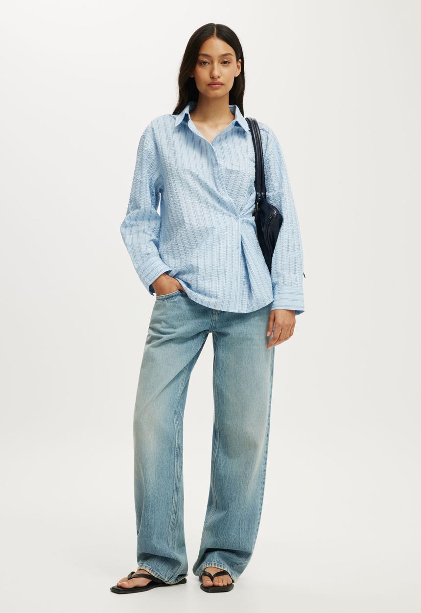 Cotton On - Ella Wrap Long Sleeve Shirt - Holly Stripe/Seaside Blue