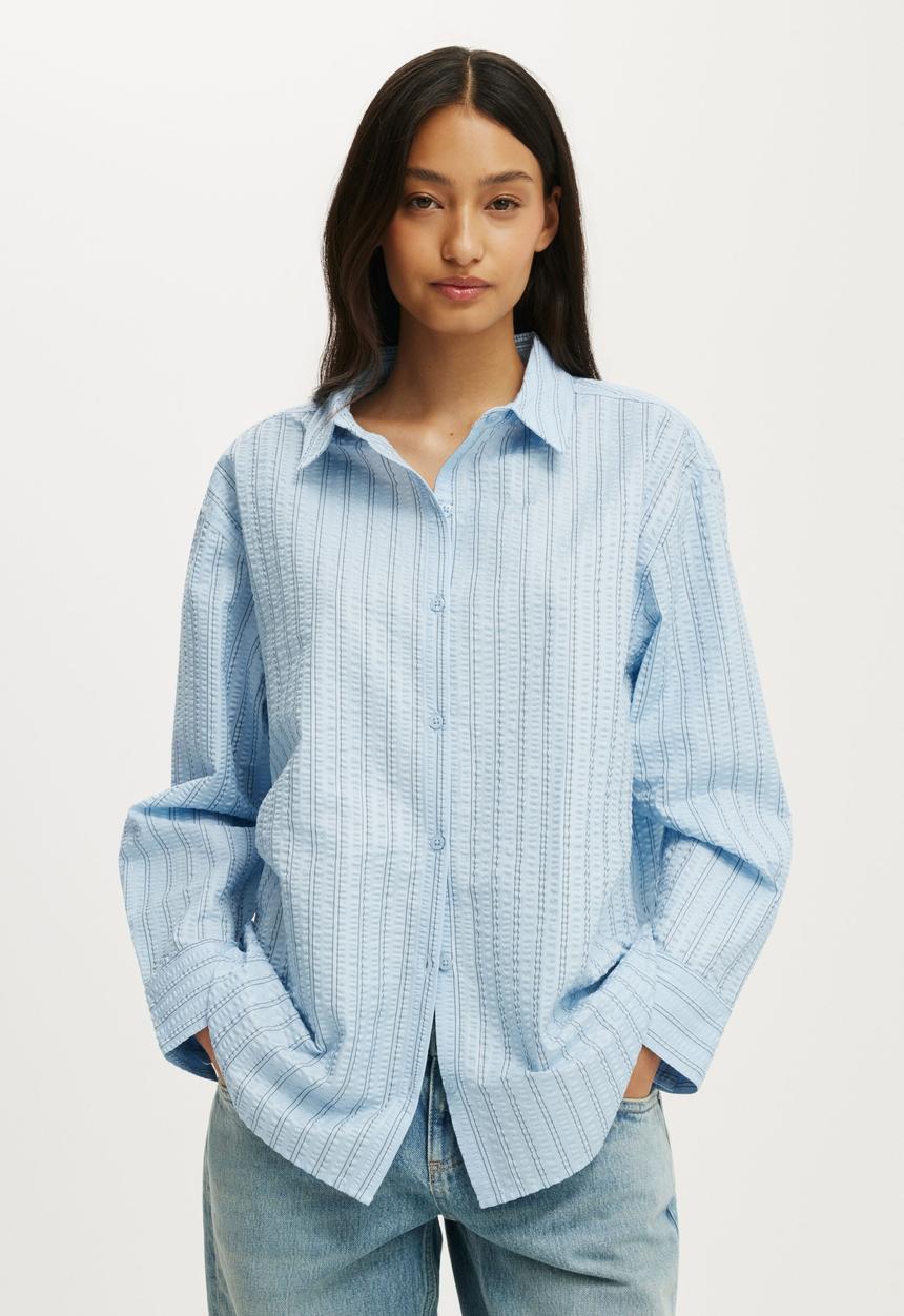 Cotton On - Ella Wrap Long Sleeve Shirt - Holly Stripe/Seaside Blue