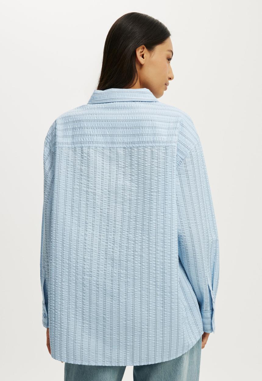 Cotton On - Ella Wrap Long Sleeve Shirt - Holly Stripe/Seaside Blue