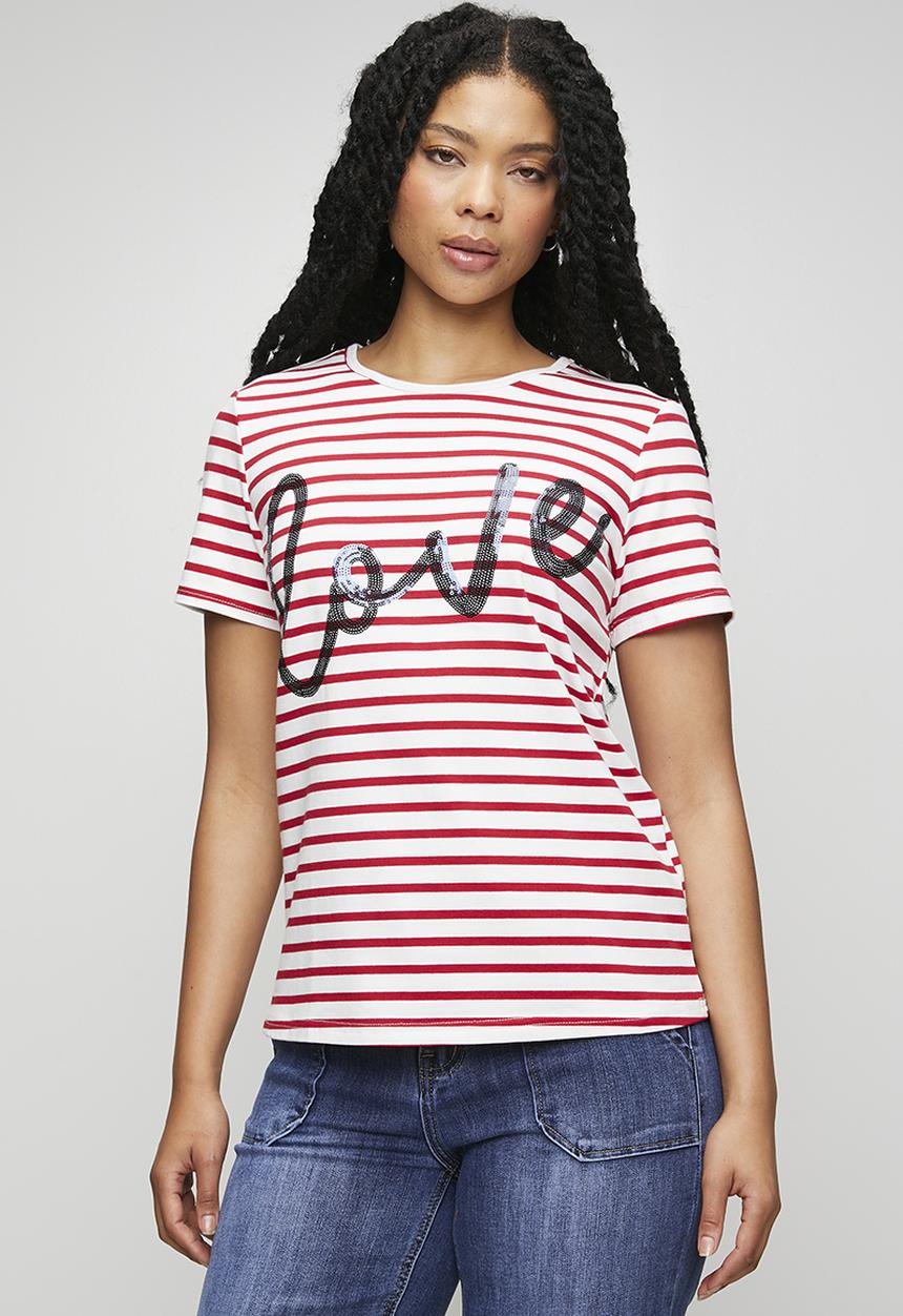 Stella Morgan - S/S Crew Neck Yarn-Dye Stripe Logo With Love Sequins - White And Red