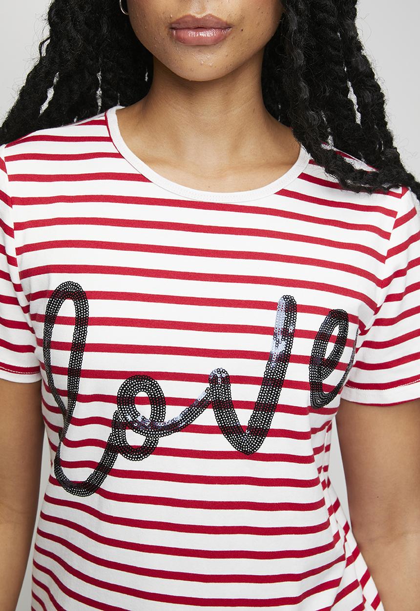 Stella Morgan - S/S Crew Neck Yarn-Dye Stripe Logo With Love Sequins - White And Red