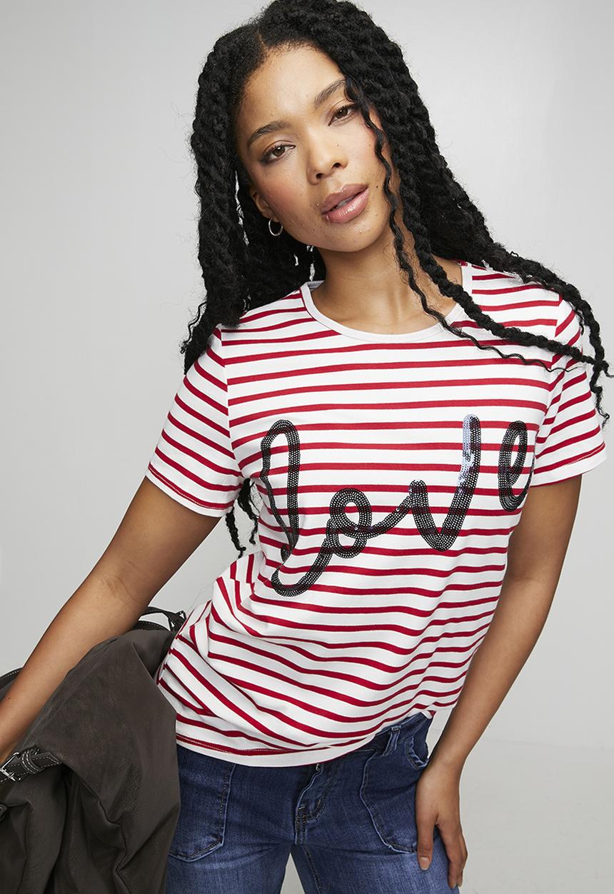 Stella Morgan - S/S Crew Neck Yarn-Dye Stripe Logo With Love Sequins - White And Red