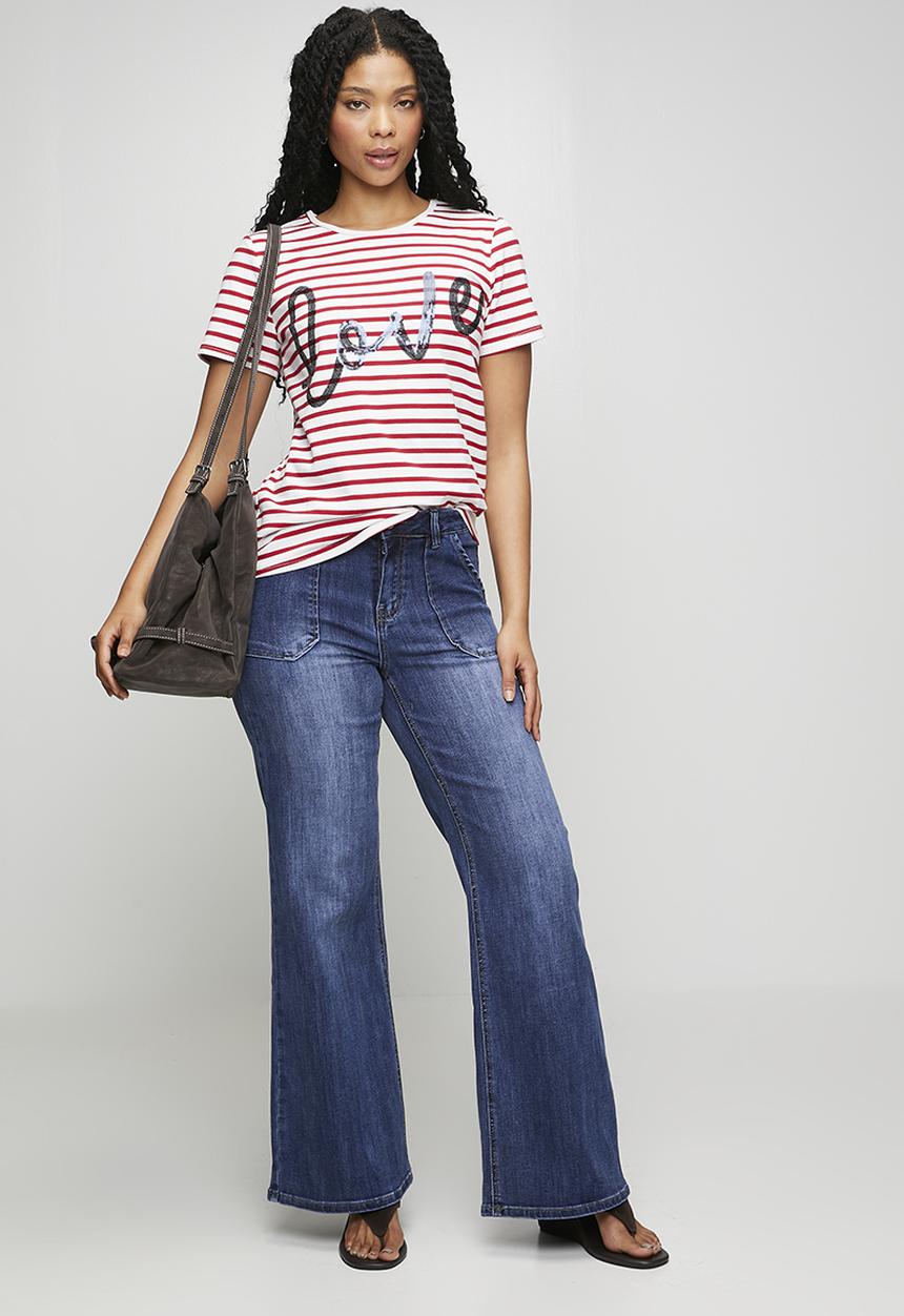 Stella Morgan - S/S Crew Neck Yarn-Dye Stripe Logo With Love Sequins - White And Red