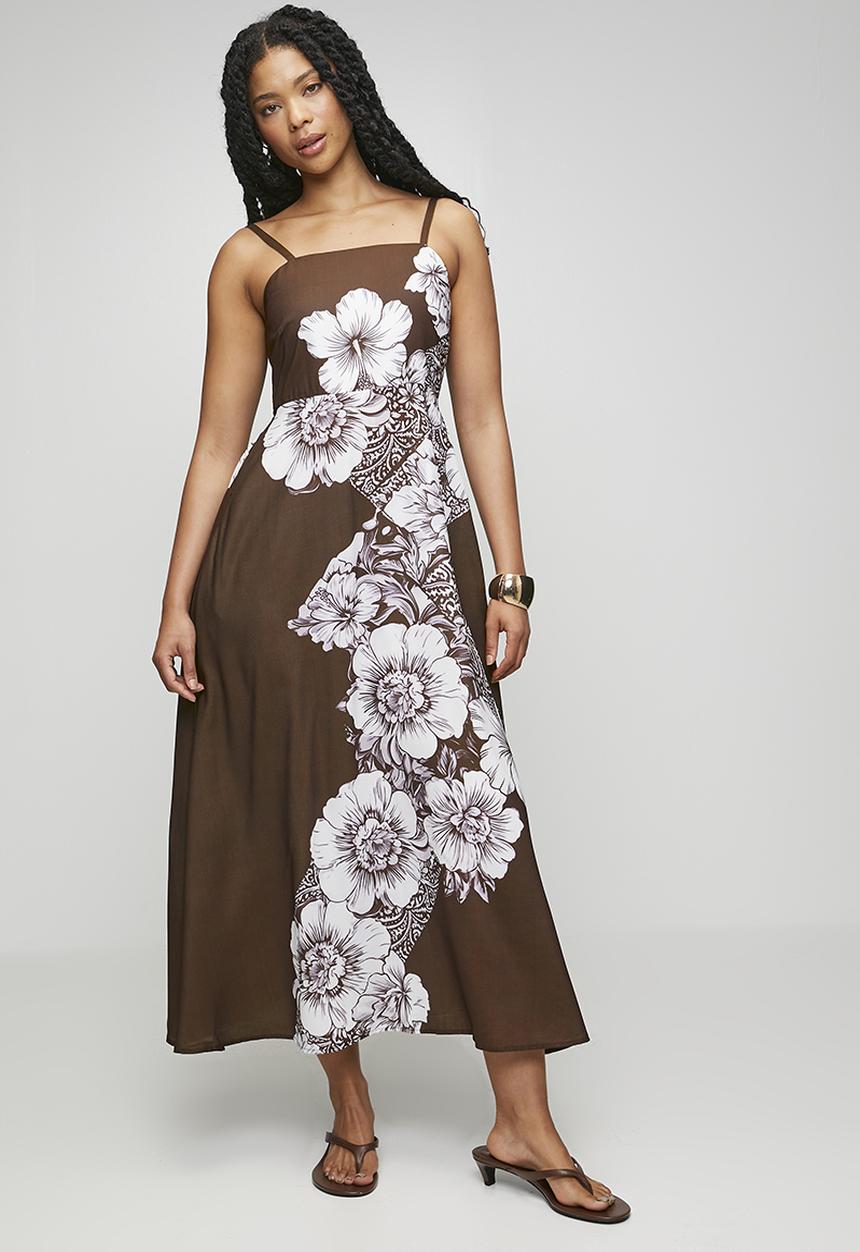 Stella Morgan - S/Less Strappy Boobtube Printed Floral A-Line Maxi Dress - Chocolate