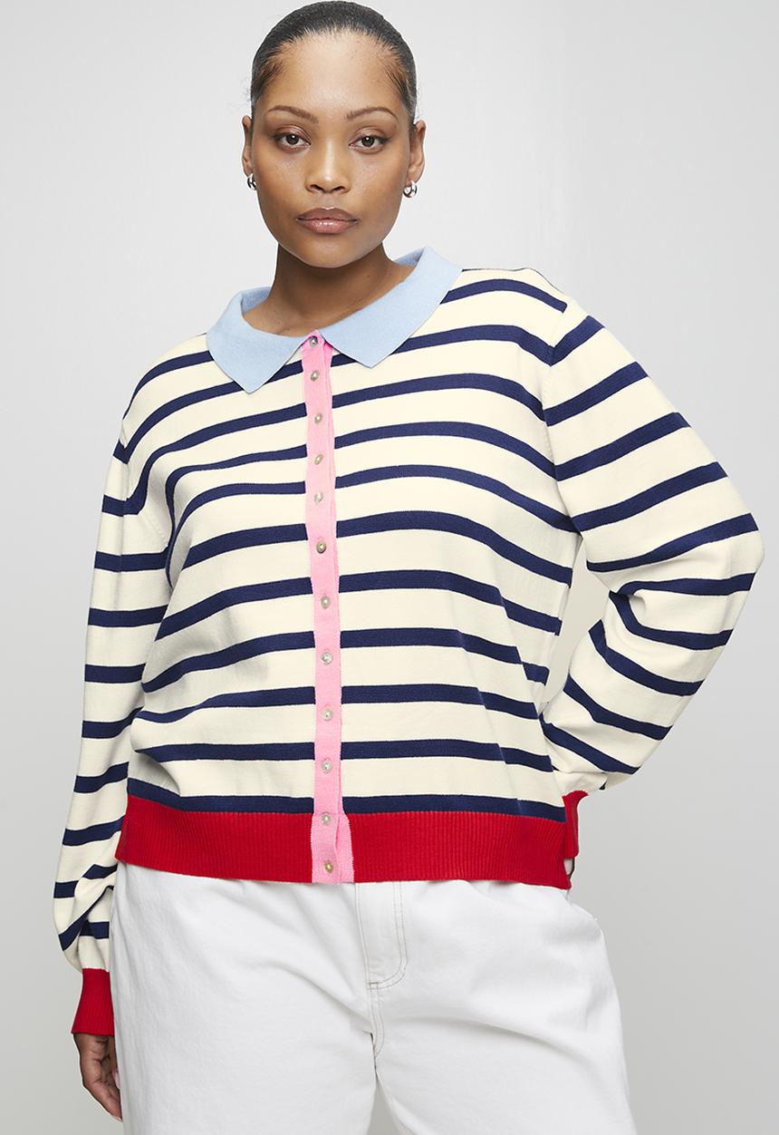 Me&B - Plus Colourblock Stripe Collar Cardigan - White Stripe