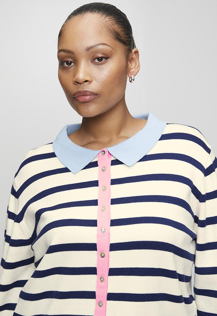 Me&B - Plus Colourblock Stripe Collar Cardigan - White Stripe